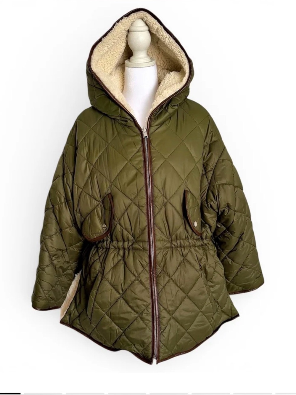 Maje Olive Green Quilted Hooded Puffer with Cream Sherpa